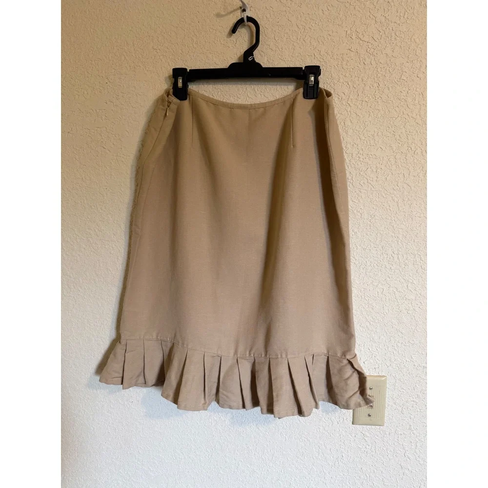 Emma James Tan Linen Blend Pleated Ruffle Hem Midi Skirt Womens 16 Khaki A-Line